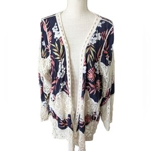 Siren Lily Navy Ivory Crochet Kimono‎ Open Front Cardigan 2X Boho Hippie Flowy